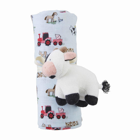 Blue Cow Swaddle & Rattle