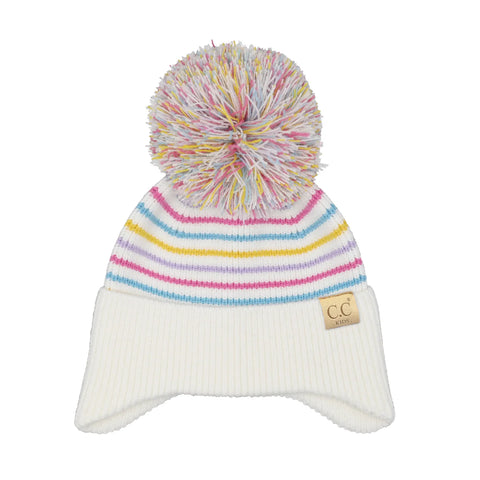 Kids C.C Stripe Earflap Pom Beanie