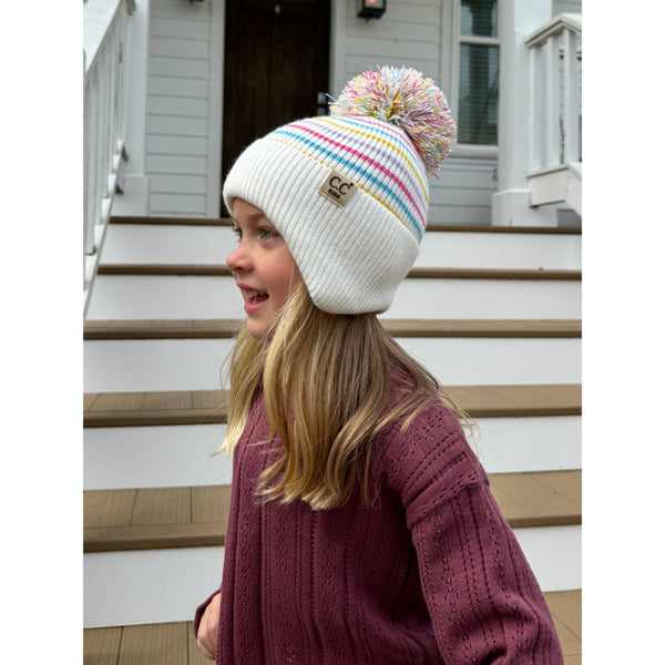 Kids C.C Stripe Earflap Pom Beanie