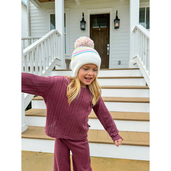 Kids C.C Stripe Earflap Pom Beanie