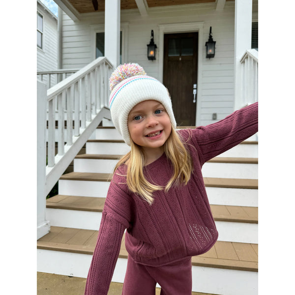 Kids C.C Stripe Earflap Pom Beanie