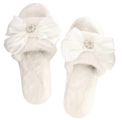 Plush Slippers-White Crystal Bow