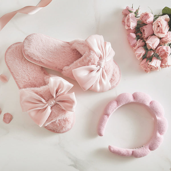 Plush Slippers-Light Blush Bow