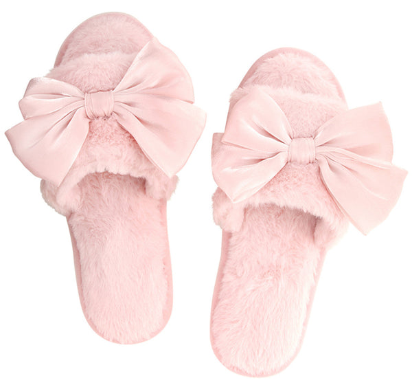 Plush Slippers-Light Blush Bow