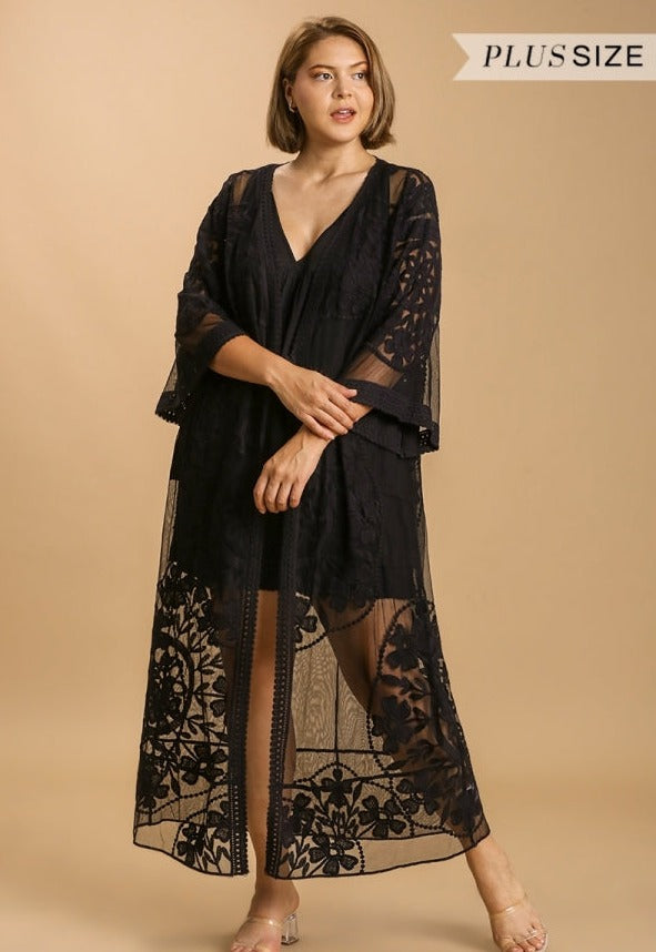 Long Black Lace Kimono+